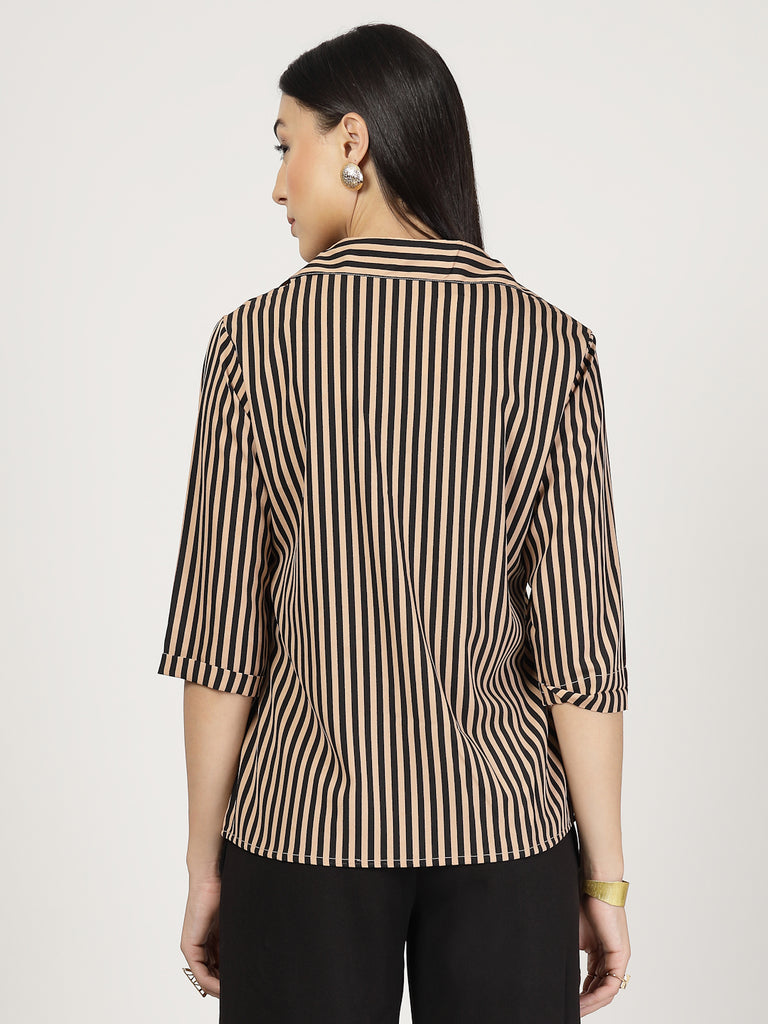 Style Quotient Women Nude Black Stripe Printed Semi Formal Polyester Shirt-Shirts-StyleQuotient