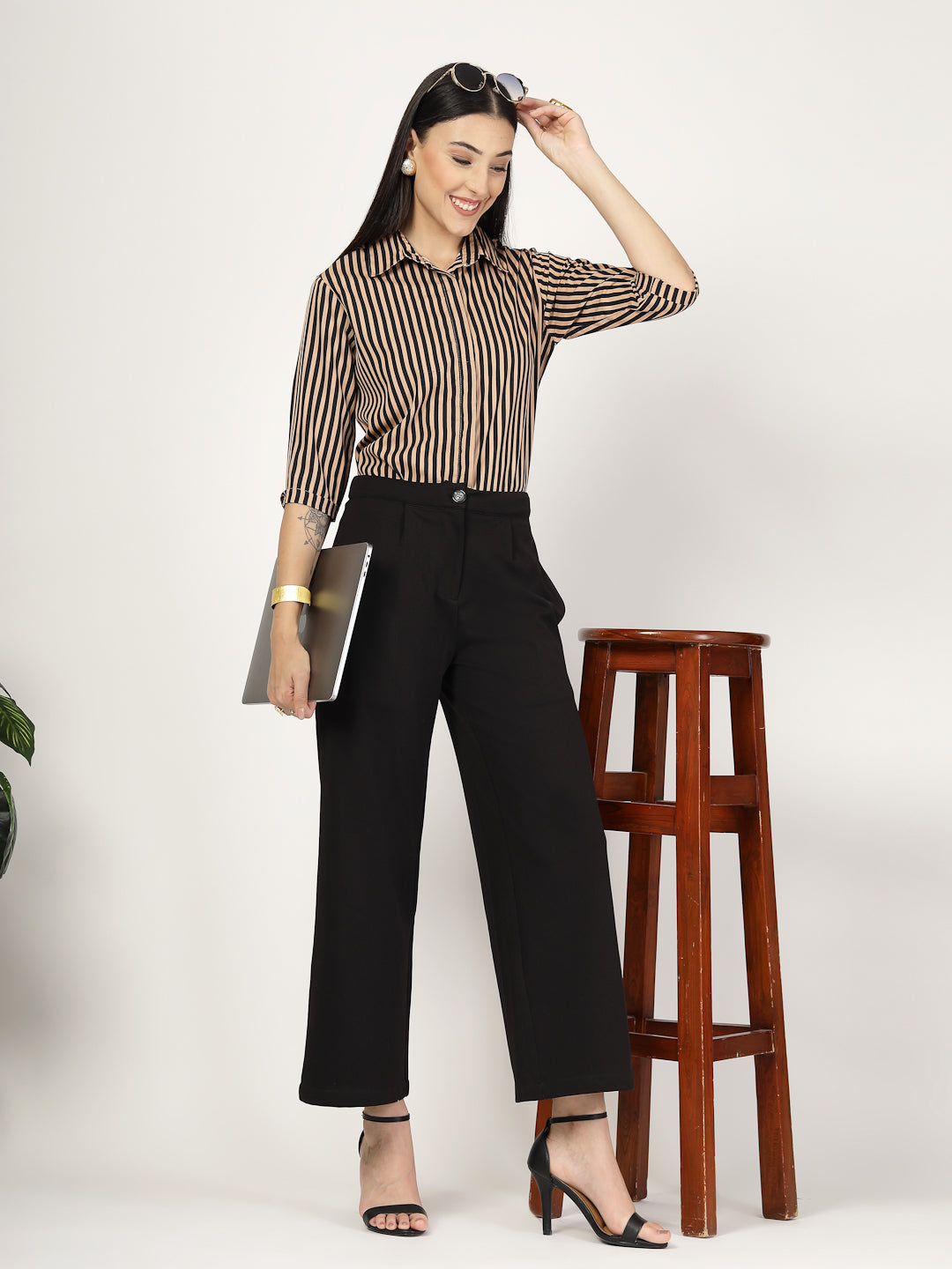 Style Quotient Women Nude Black Stripe Printed Semi Formal Polyester Shirt-Shirts-StyleQuotient