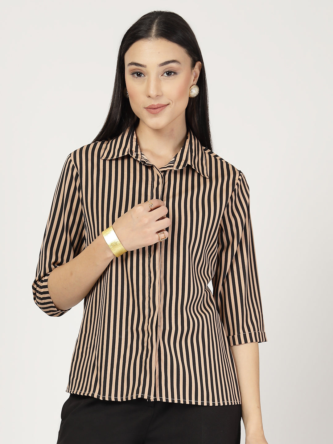 Style Quotient Women Nude Black Stripe Printed Semi Formal Polyester Shirt-Shirts-StyleQuotient