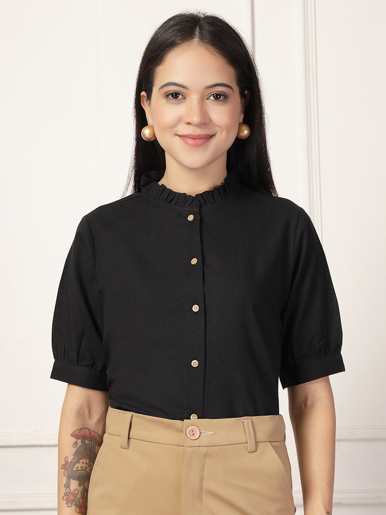 Style Quotient Women Solid Black Regular Fit Flex Formal Shirt-Shirts-StyleQuotient