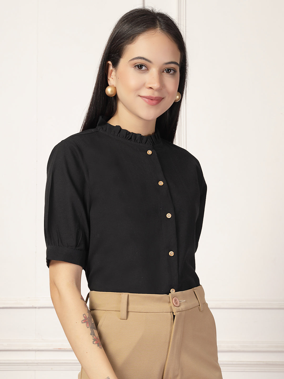 Style Quotient Women Solid Black Regular Fit Flex Formal Shirt-Shirts-StyleQuotient