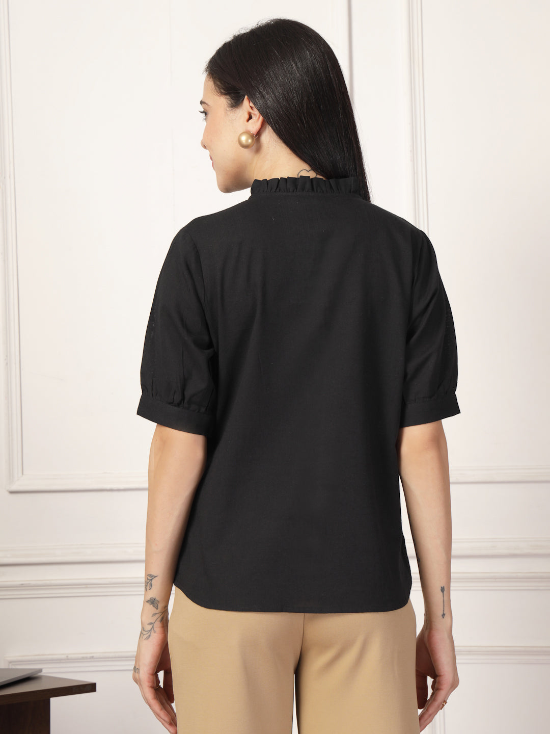 Style Quotient Women Solid Black Regular Fit Flex Formal Shirt-Shirts-StyleQuotient