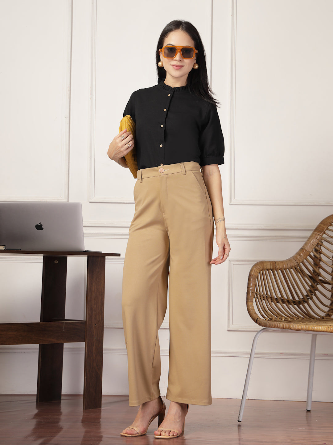 Style Quotient Women Solid Black Regular Fit Flex Formal Shirt-Shirts-StyleQuotient