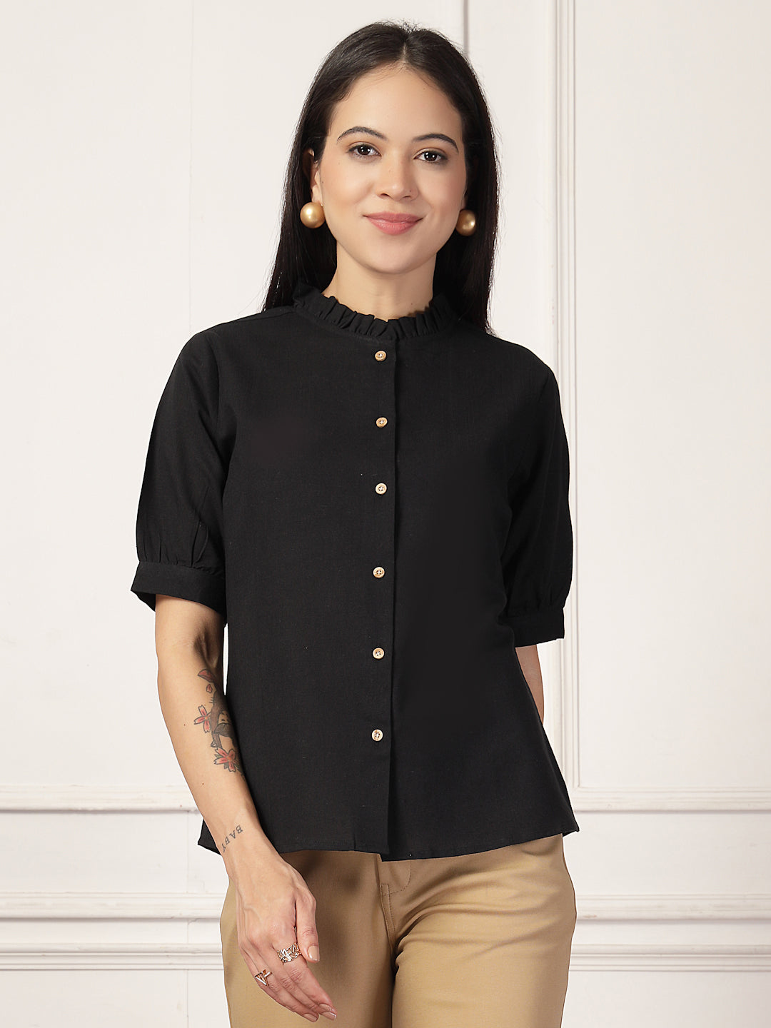 Style Quotient Women Solid Black Regular Fit Flex Formal Shirt-Shirts-StyleQuotient