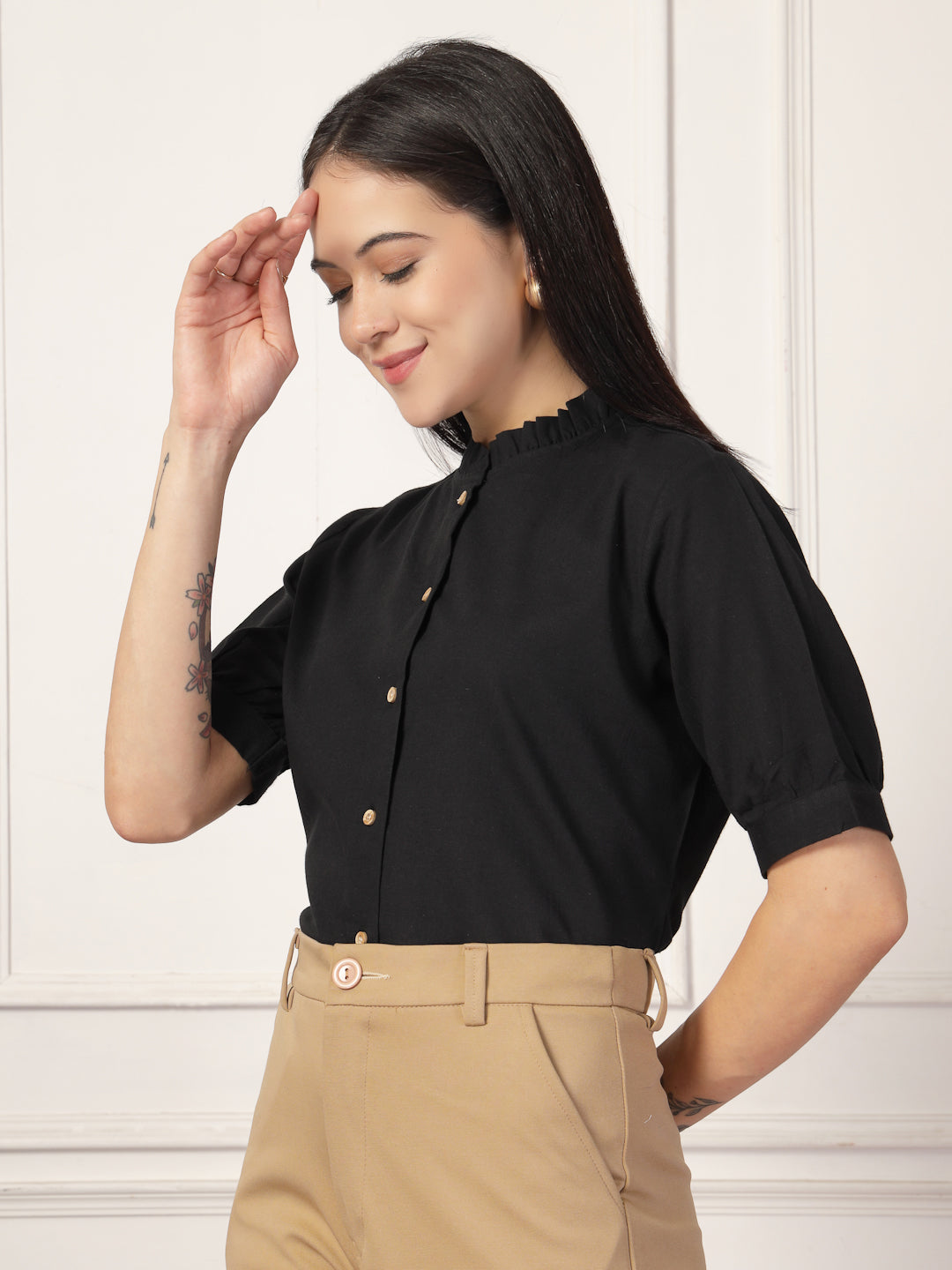 Style Quotient Women Solid Black Regular Fit Flex Formal Shirt-Shirts-StyleQuotient