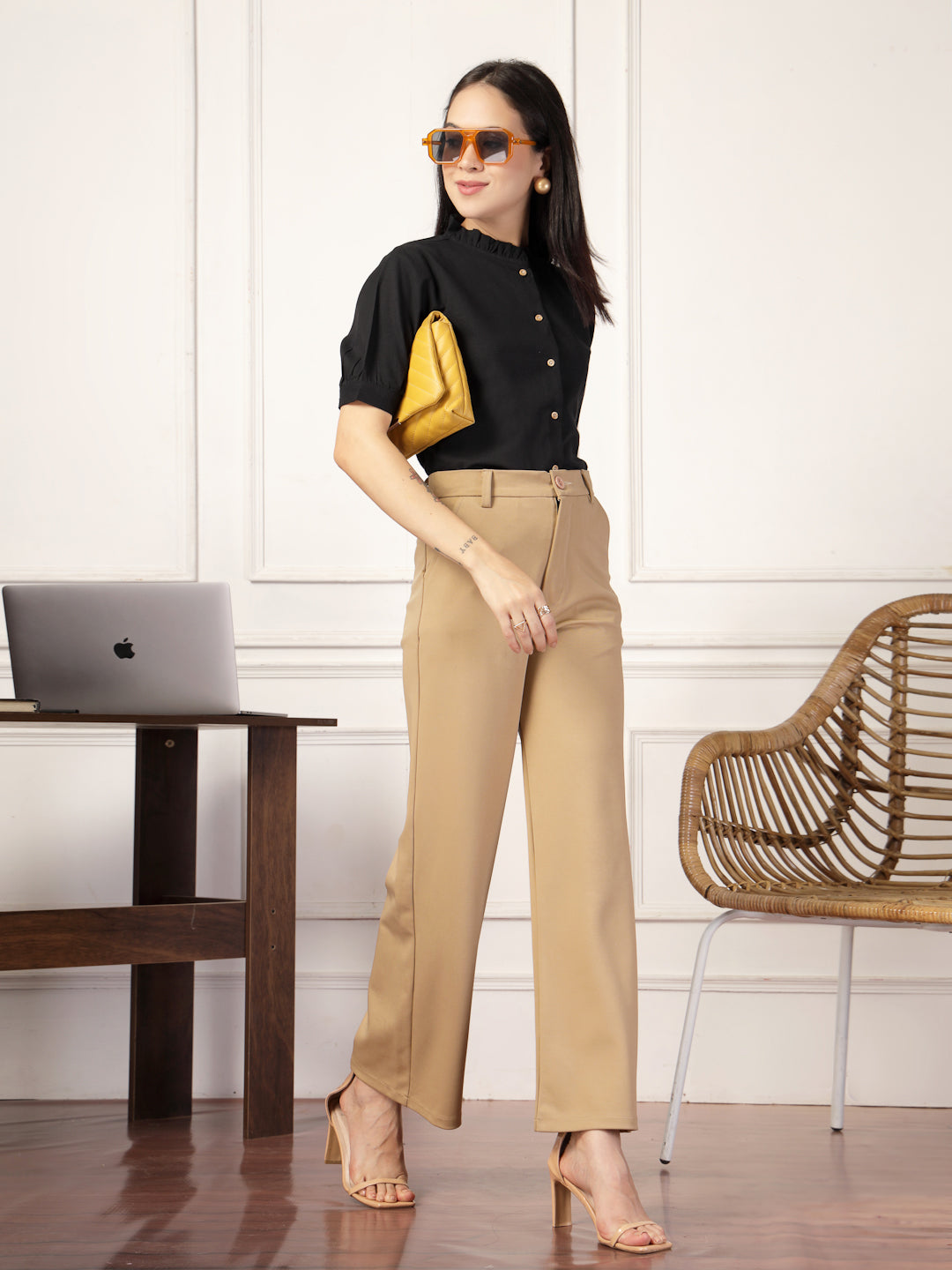 Style Quotient Women Solid Black Regular Fit Flex Formal Shirt-Shirts-StyleQuotient