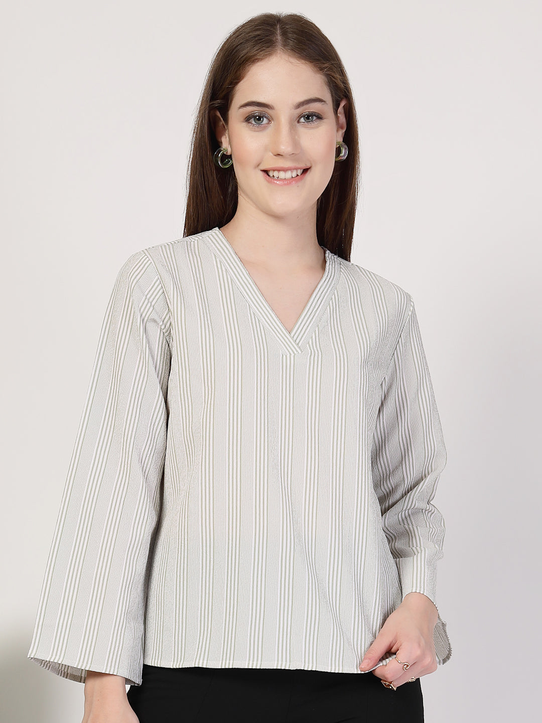 Style Quotient Women's top with V neck and bell sleeves-Tops-StyleQuotient