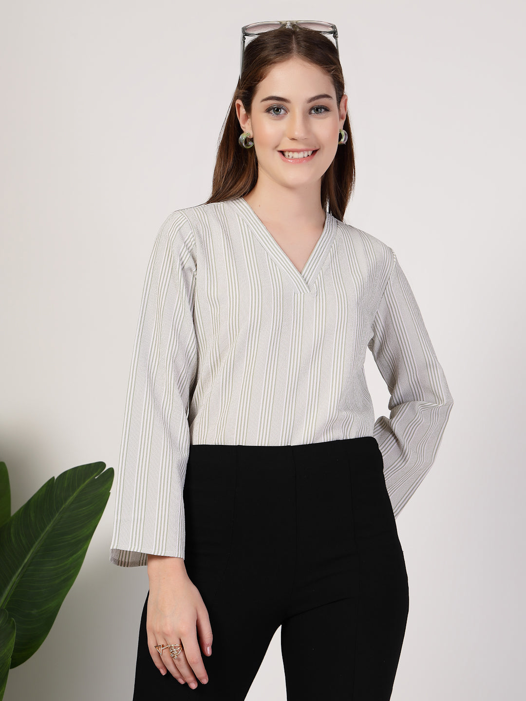 Style Quotient Women's top with V neck and bell sleeves-Tops-StyleQuotient