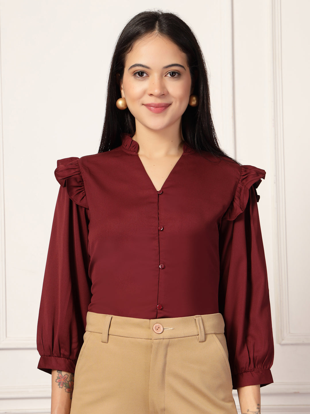 Style Quotient Women Solid Maroon Polymoss Formal Shirt-Shirts-StyleQuotient
