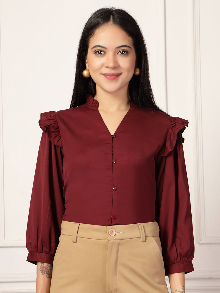 Style Quotient Women Solid Maroon Polymoss Formal Shirt-Shirts-StyleQuotient