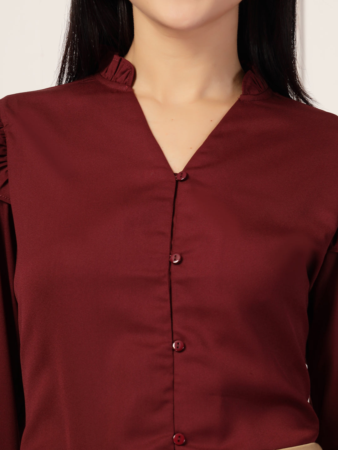 Style Quotient Women Solid Maroon Polymoss Formal Shirt-Shirts-StyleQuotient