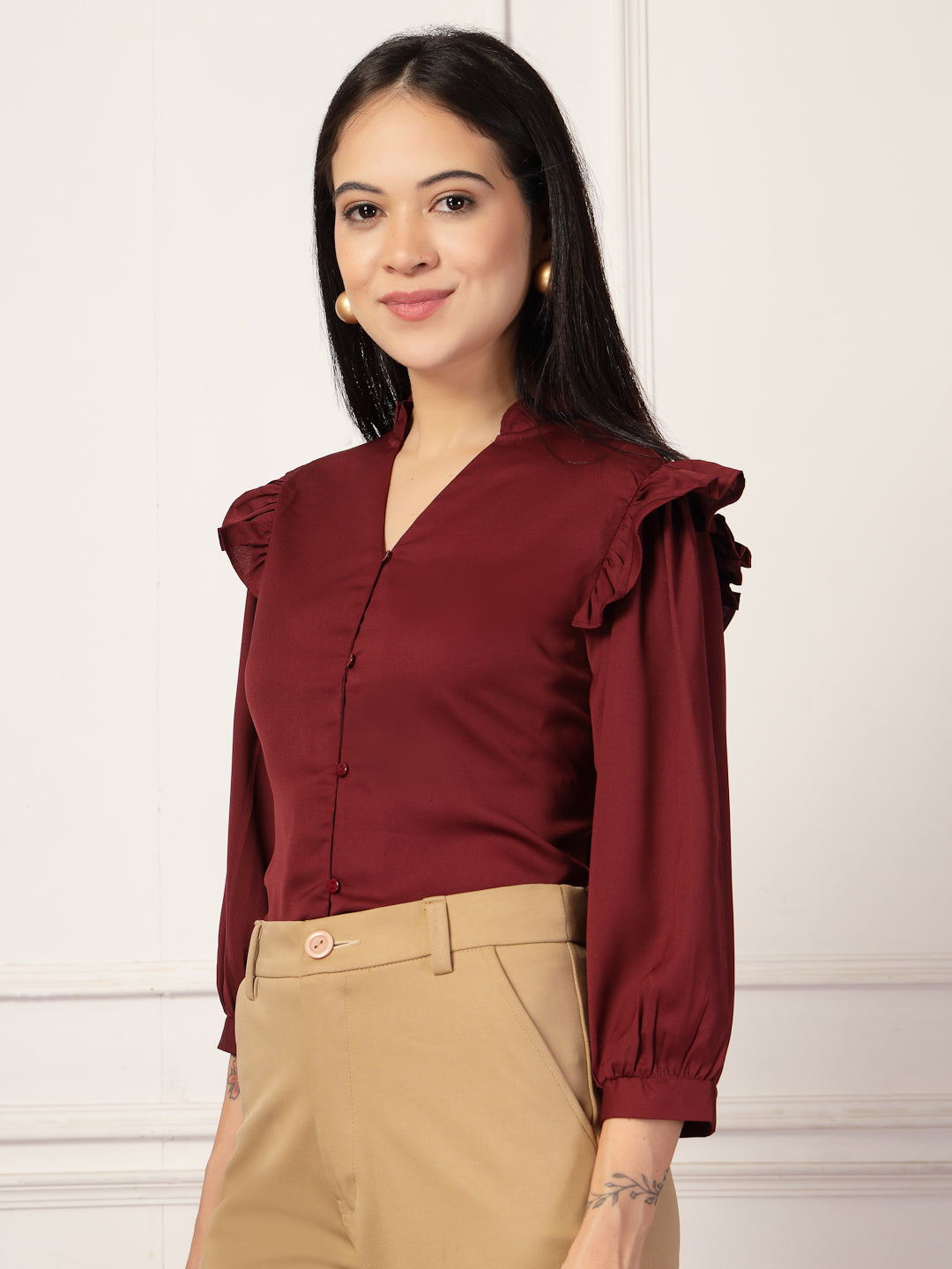 Style Quotient Women Solid Maroon Polymoss Formal Shirt-Shirts-StyleQuotient