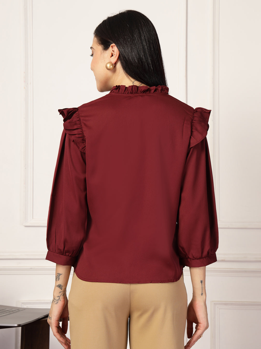 Style Quotient Women Solid Maroon Polymoss Formal Shirt-Shirts-StyleQuotient