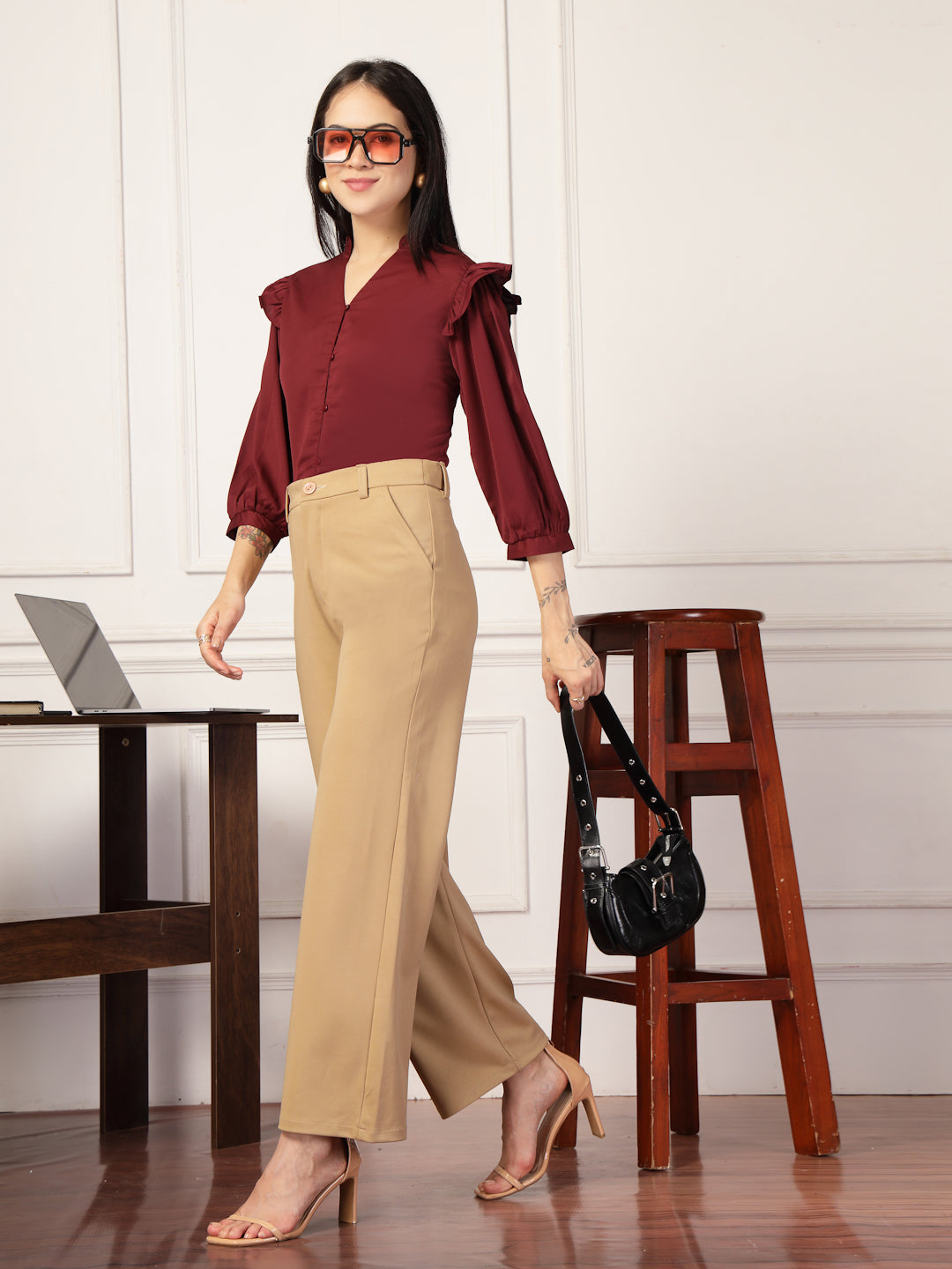 Style Quotient Women Solid Maroon Polymoss Formal Shirt-Shirts-StyleQuotient