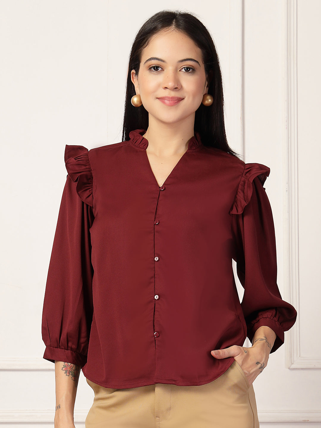 Style Quotient Women Solid Maroon Polymoss Formal Shirt-Shirts-StyleQuotient