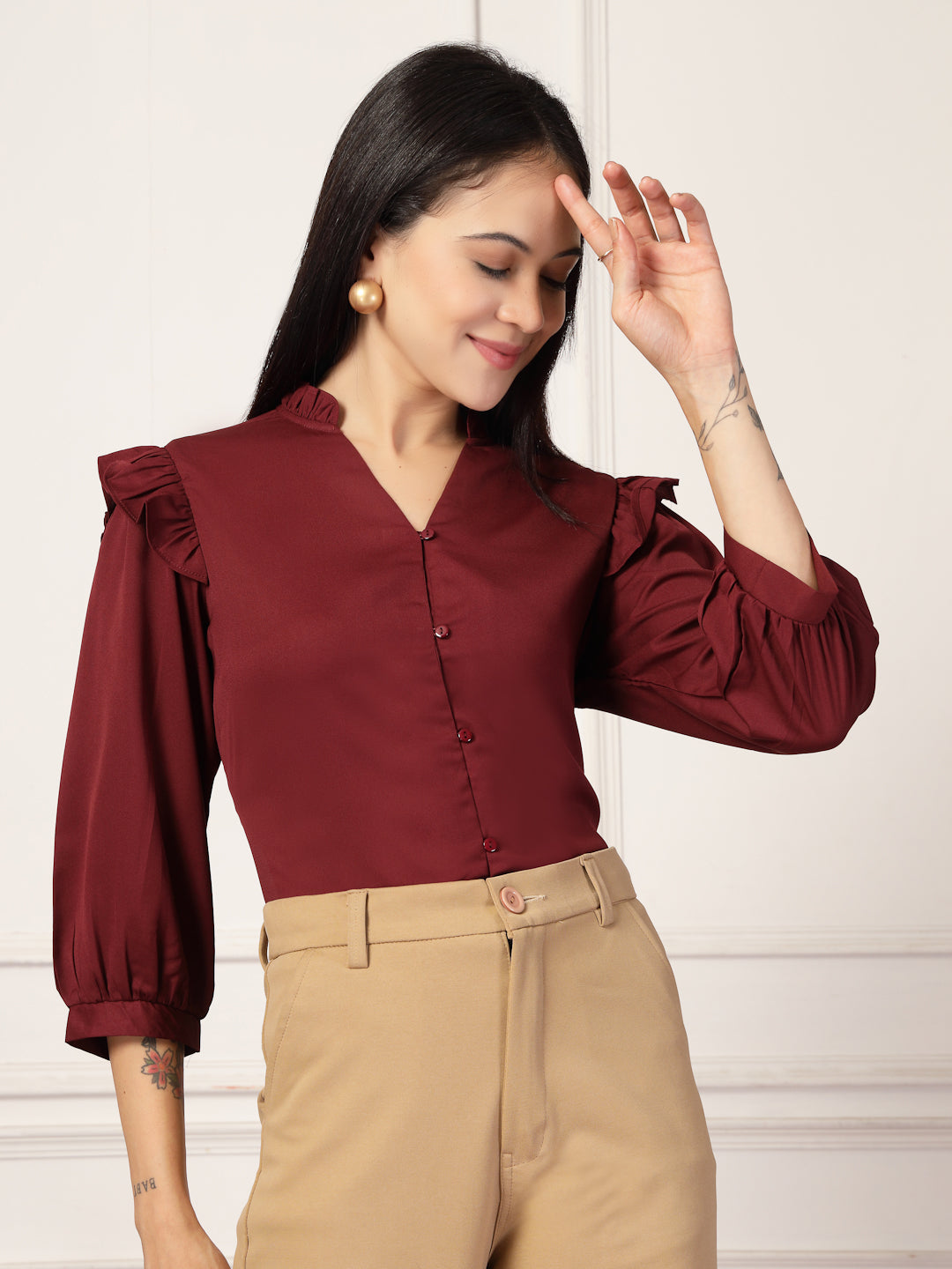 Style Quotient Women Solid Maroon Polymoss Formal Shirt-Shirts-StyleQuotient