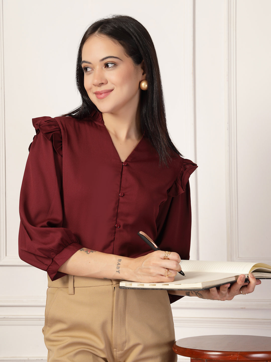 Style Quotient Women Solid Maroon Polymoss Formal Shirt-Shirts-StyleQuotient