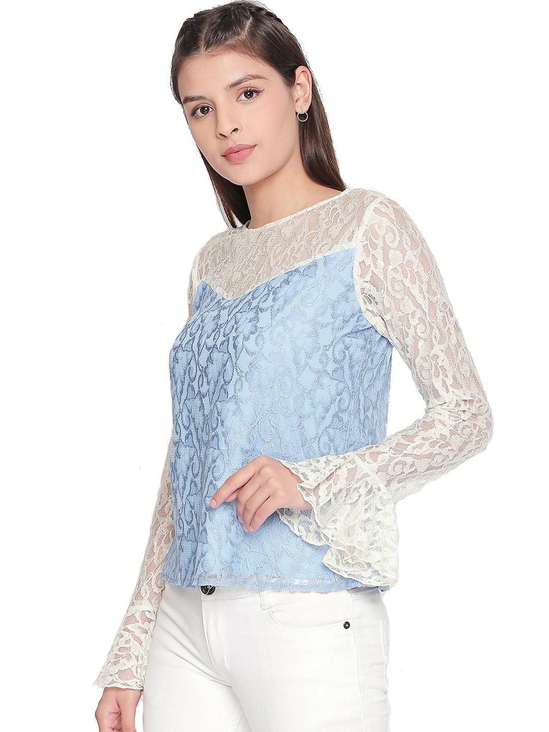 Style Quotient Women CHAMBRAY Boat Neck Self Design Fashion Tops-Tops-StyleQuotient