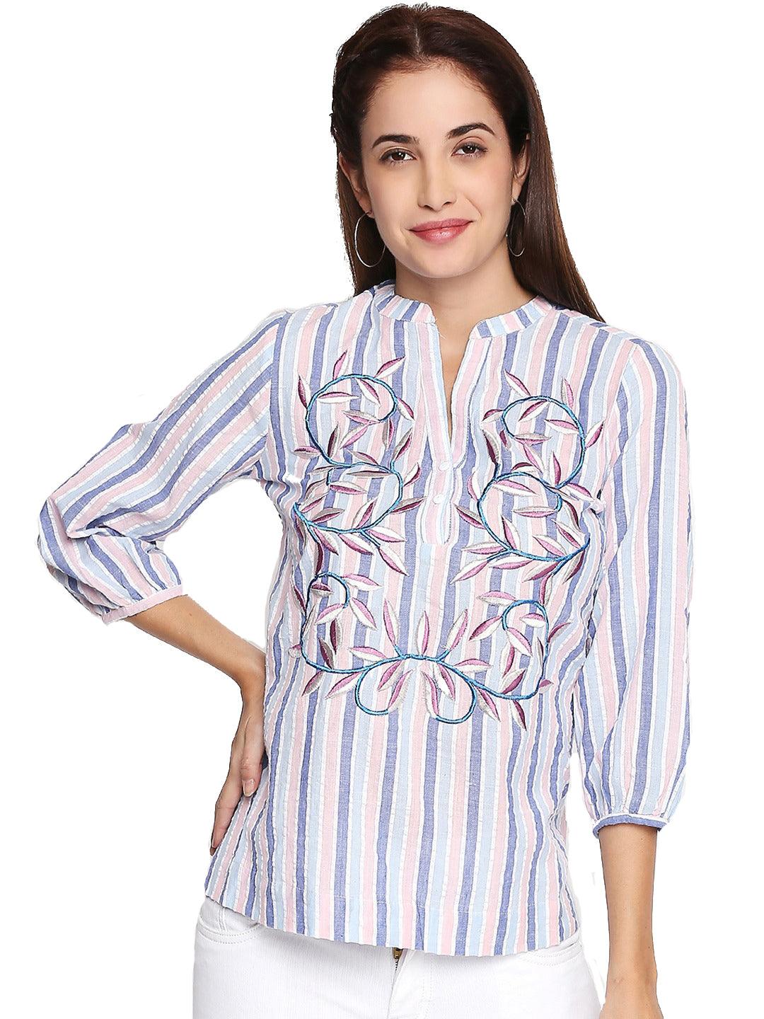 Style Quotient Women Lavender V-Neck Striped Fashion Tops-Tops-StyleQuotient