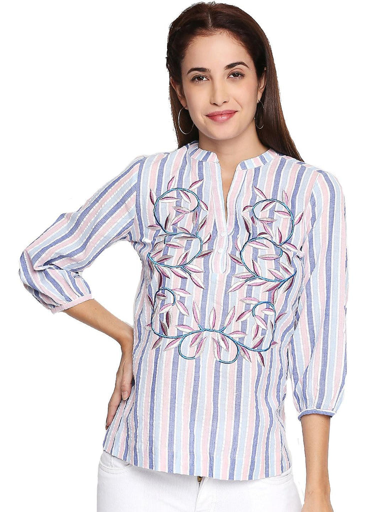 Style Quotient Women Lavender V-Neck Striped Fashion Tops-Tops-StyleQuotient
