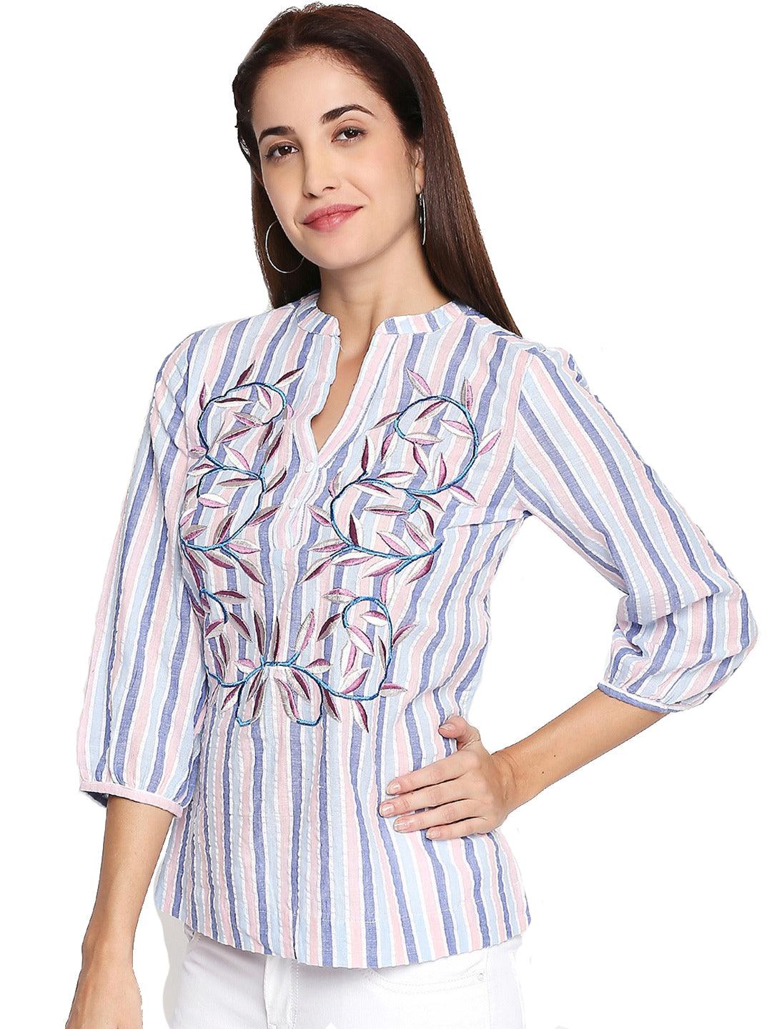 Style Quotient Women Lavender V-Neck Striped Fashion Tops-Tops-StyleQuotient