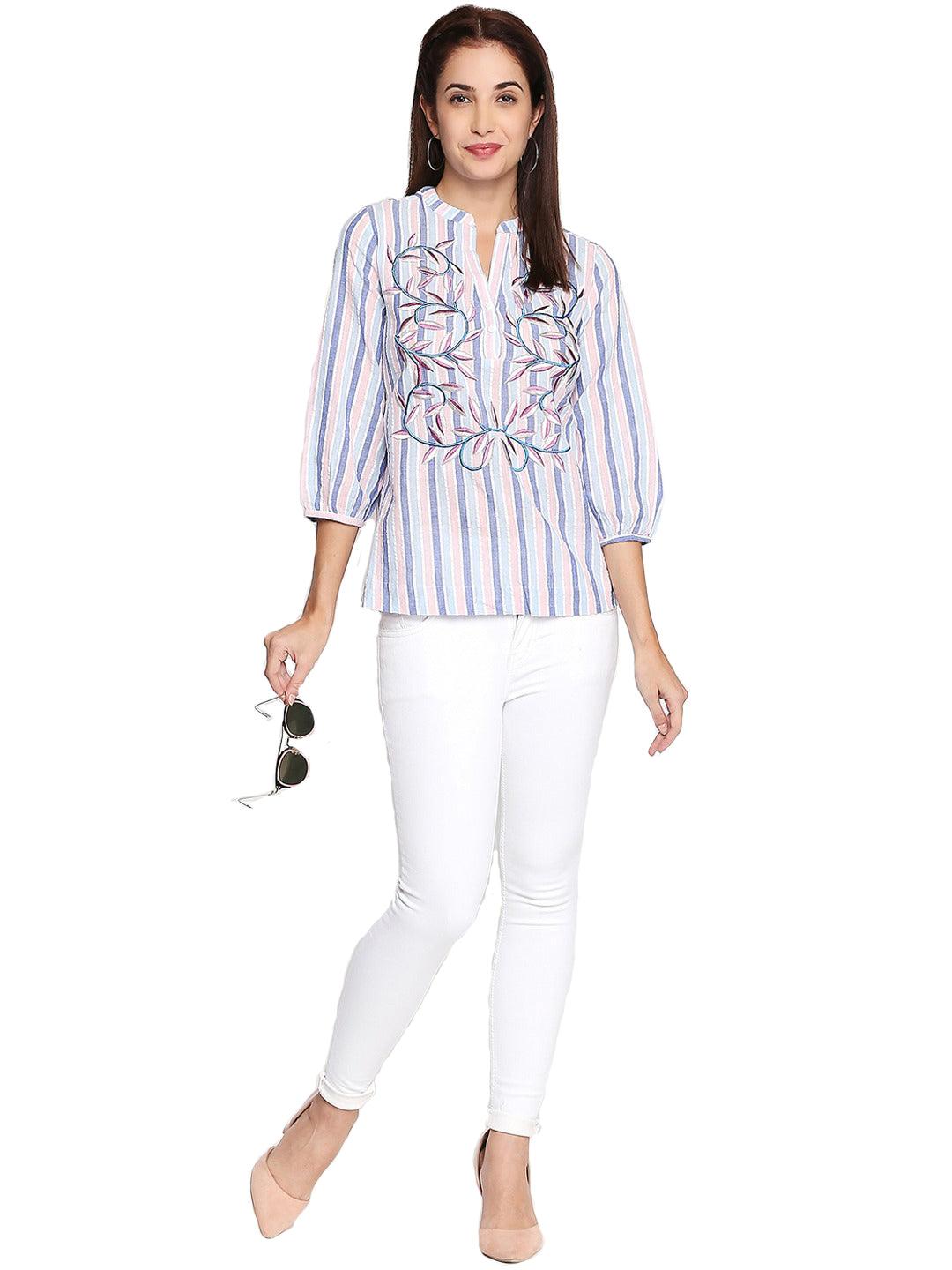 Style Quotient Women Lavender V-Neck Striped Fashion Tops-Tops-StyleQuotient