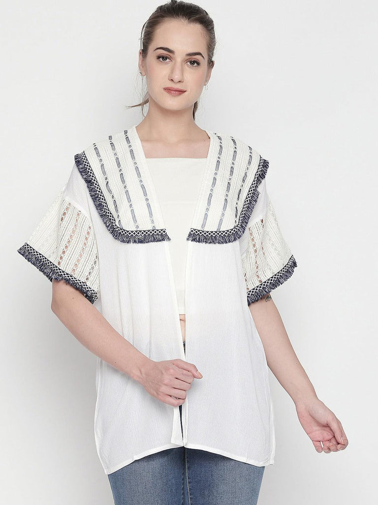 Women White & Grey Self Design Open Front Shrug-Shrug-StyleQuotient