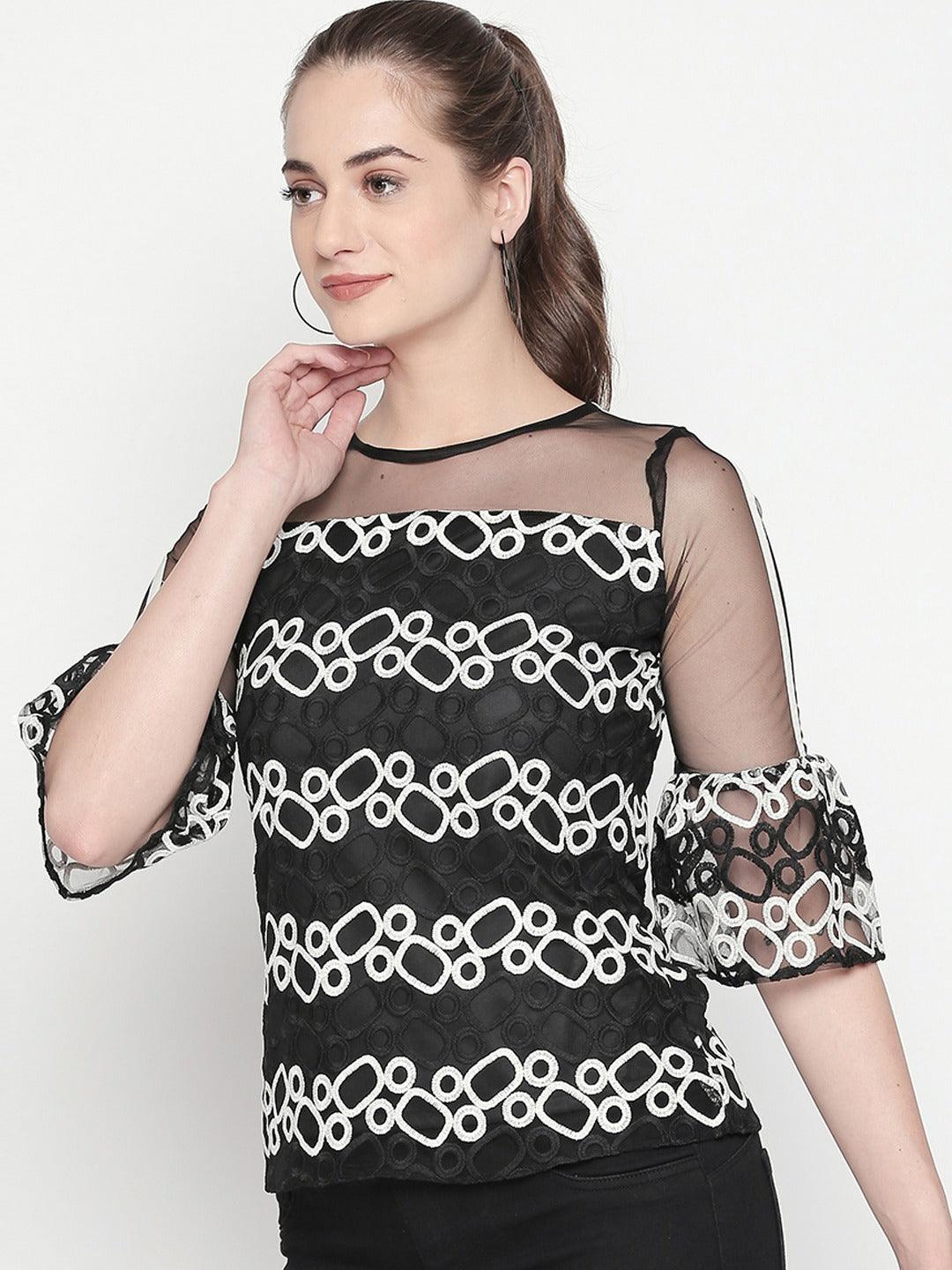 Women Black Embellished Top-Tops-StyleQuotient