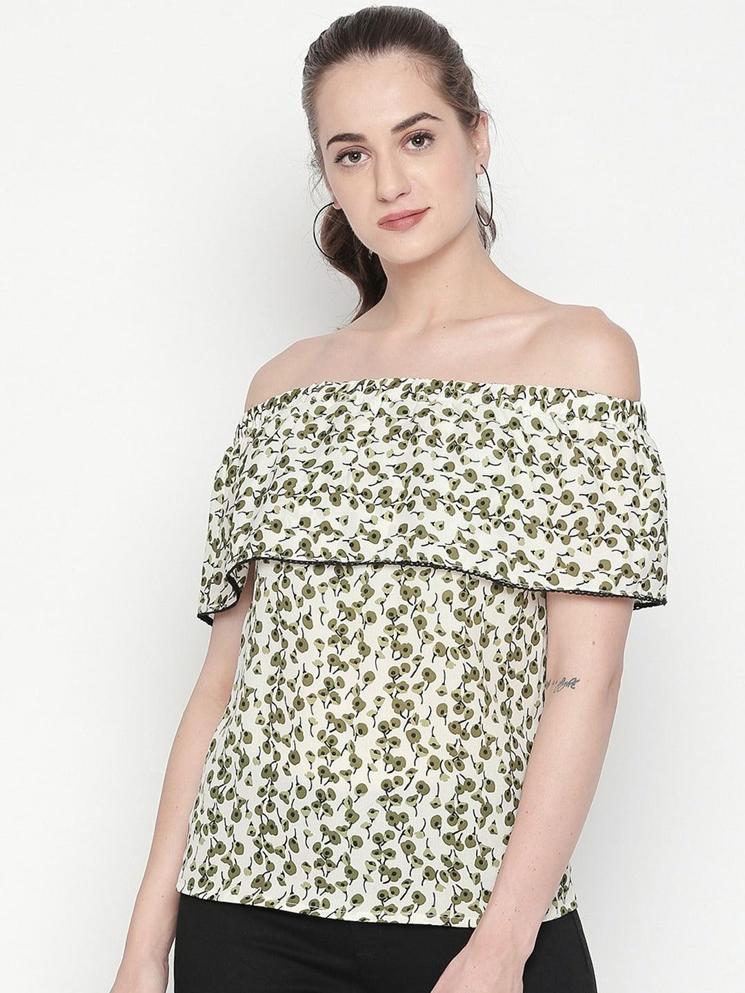 Style Quotient Women WHITE &GREEN Off-Shoulder Floral Fashion Tops