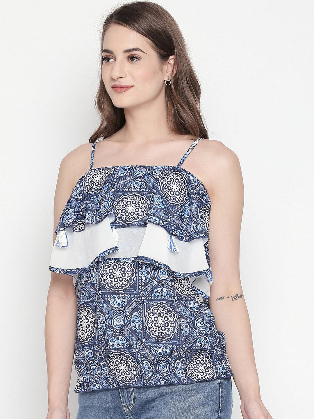 Women Blue Printed Top-Tops-StyleQuotient