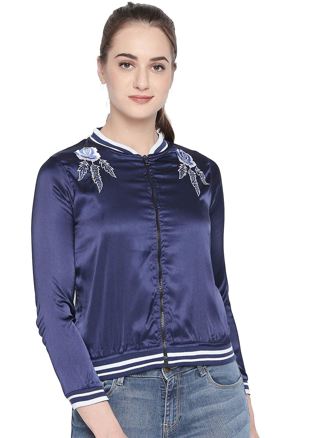 Style Quotient Women NAVY Mandarin Collar Floral Fashion Jackets-Jackets-StyleQuotient