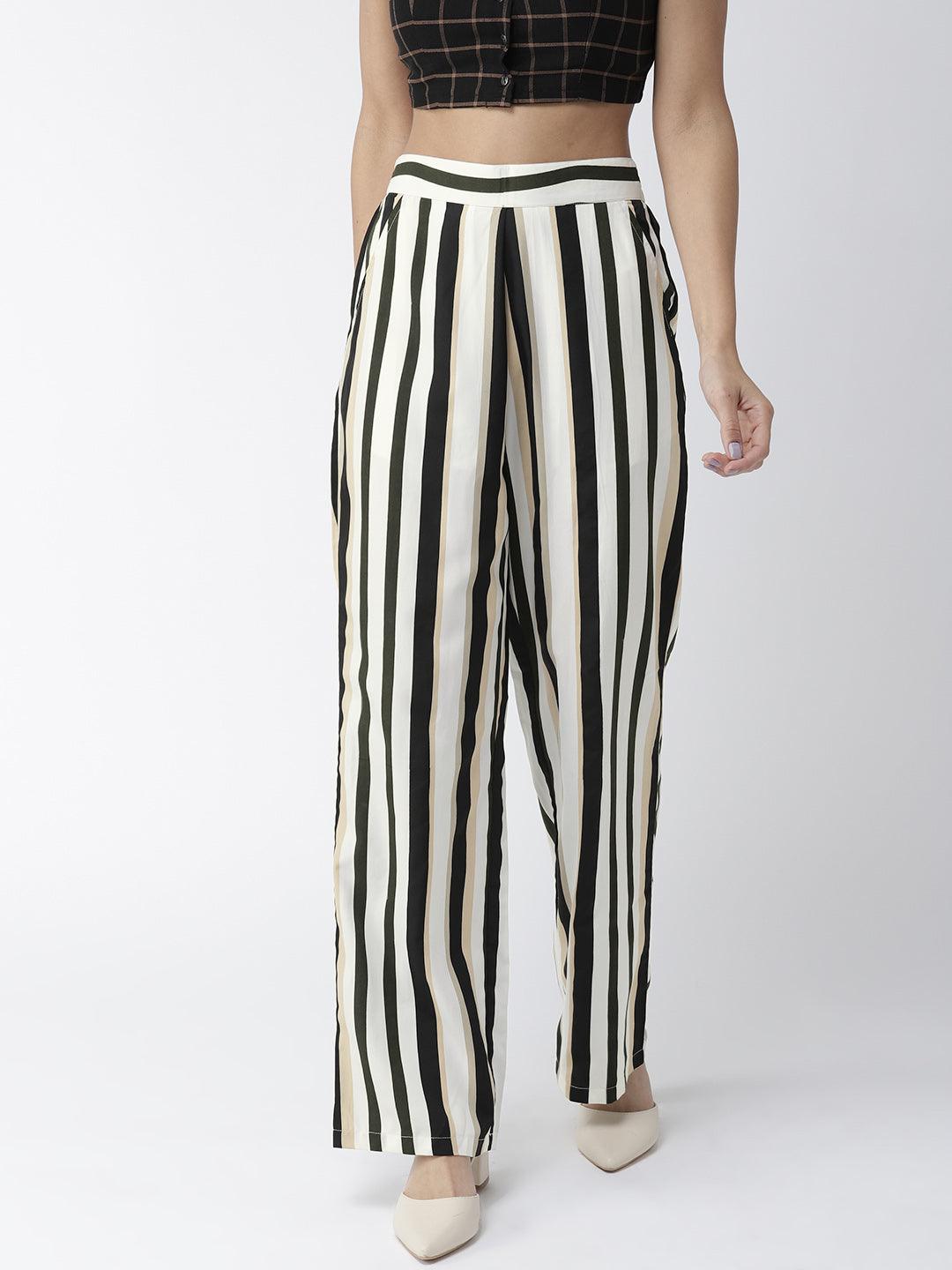 Women Off-White & Black Original Straight Fit Striped Parallel Trousers-Trousers-StyleQuotient