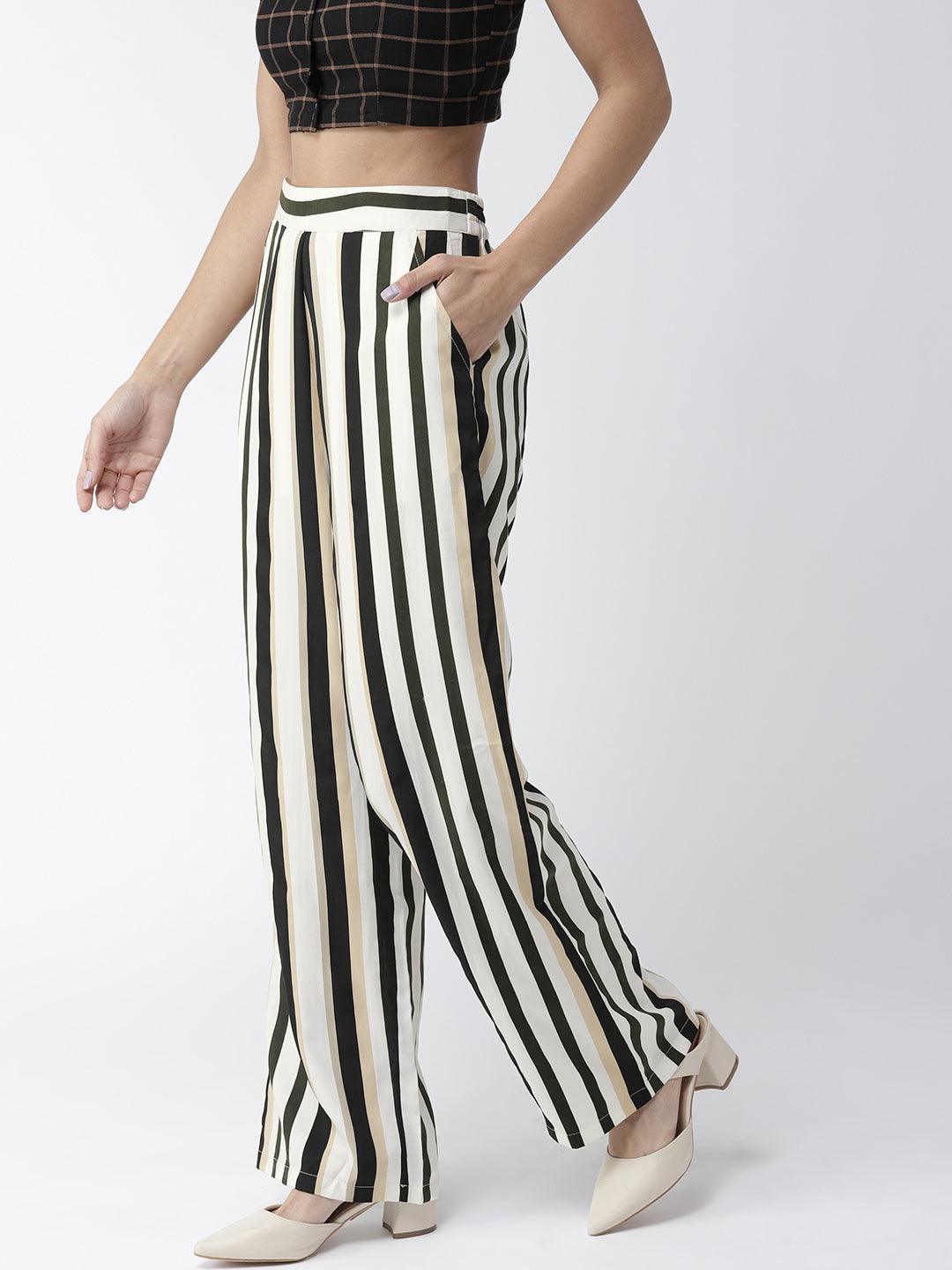 Women Off-White & Black Original Straight Fit Striped Parallel Trousers-Trousers-StyleQuotient