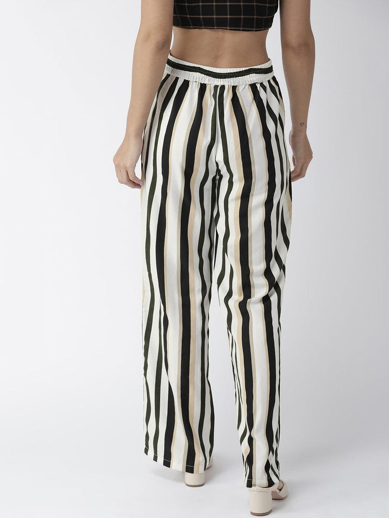 Women Off-White & Black Original Straight Fit Striped Parallel Trousers-Trousers-StyleQuotient