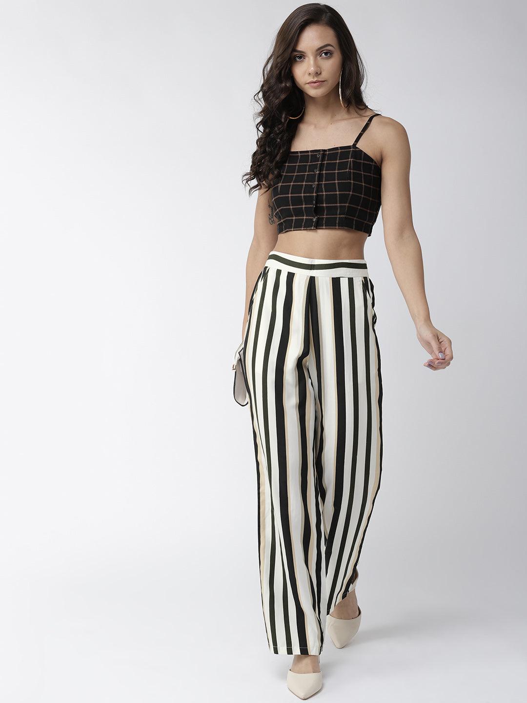 Women Off-White & Black Original Straight Fit Striped Parallel Trousers-Trousers-StyleQuotient