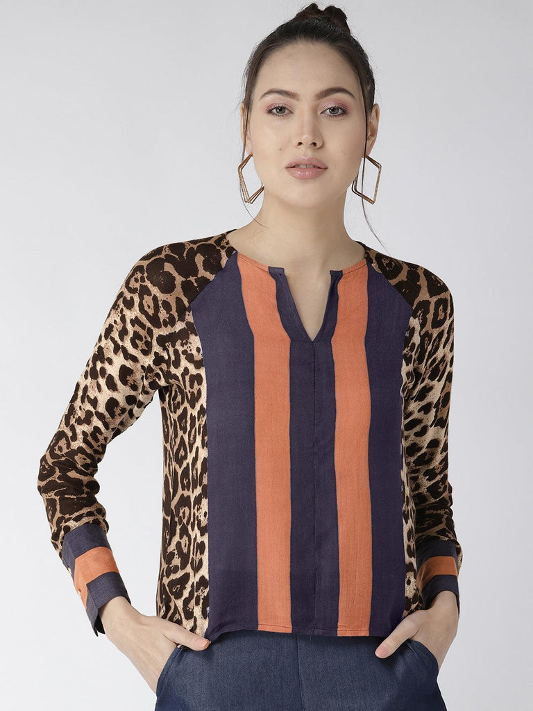 Women Navy Blue & Peach-Coloured Printed Regualr Top-Tops-StyleQuotient