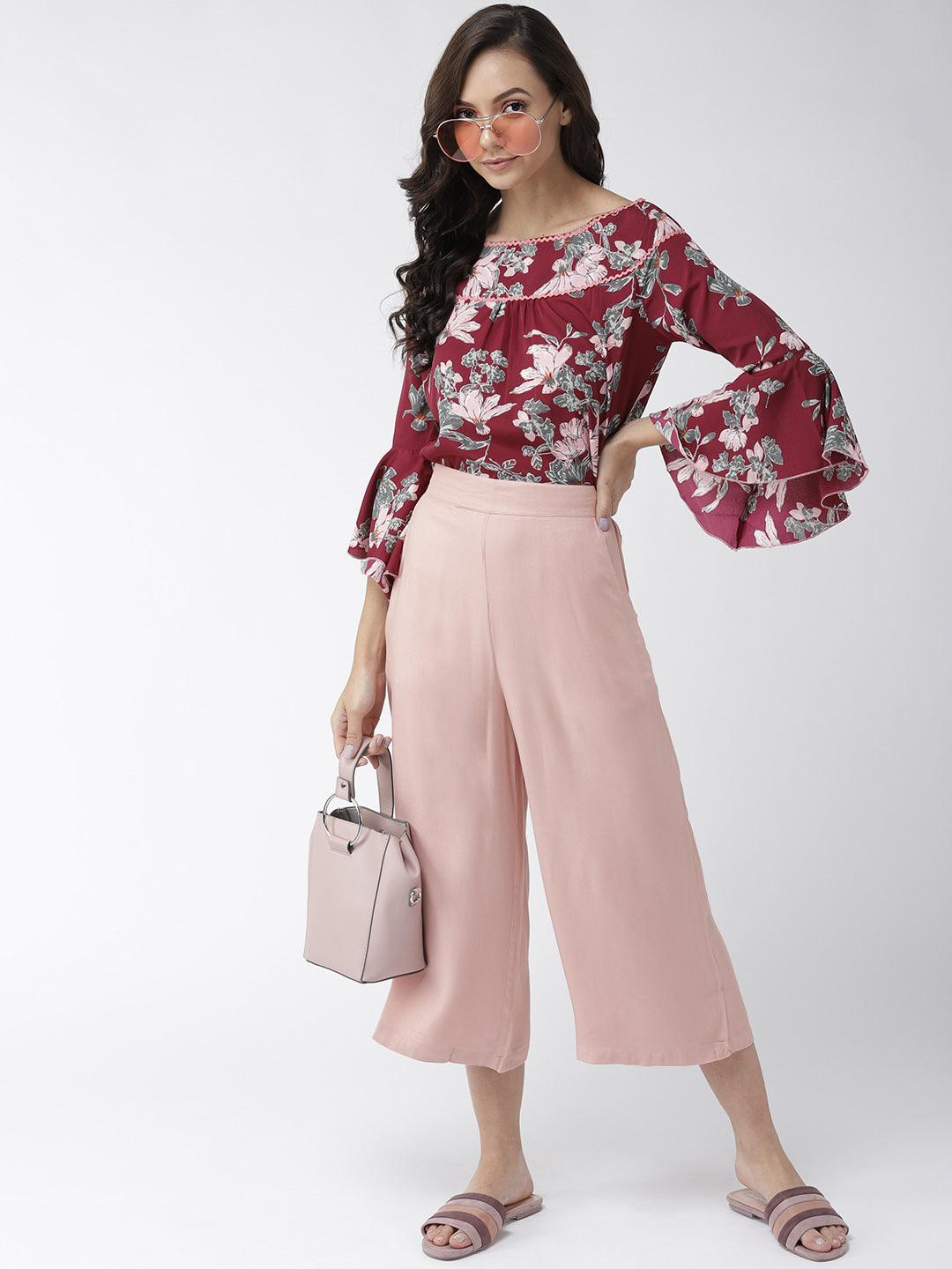 Women Burgundy & Olive Green Floral Print Top-Tops-StyleQuotient