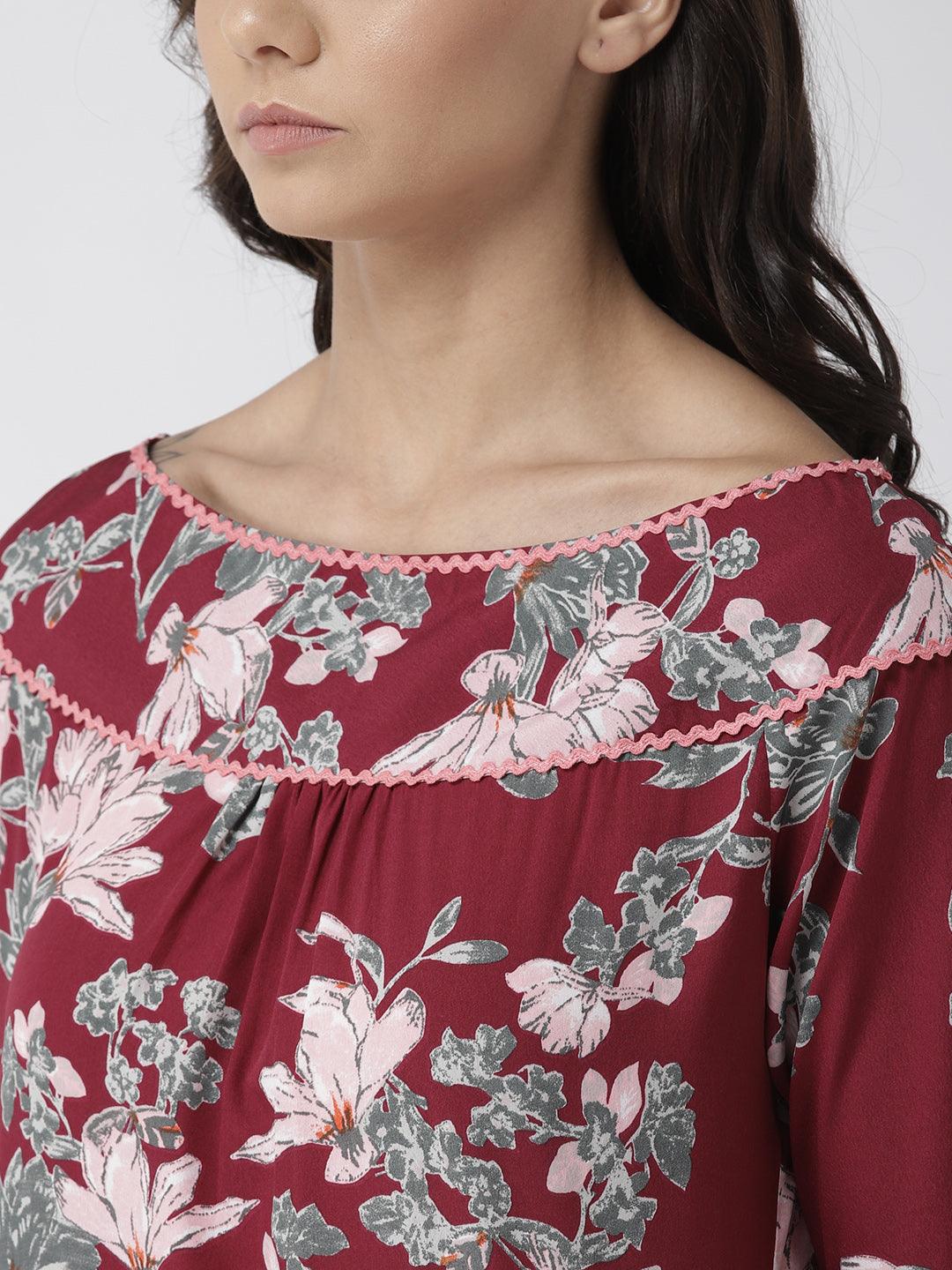 Women Burgundy & Olive Green Floral Print Top-Tops-StyleQuotient