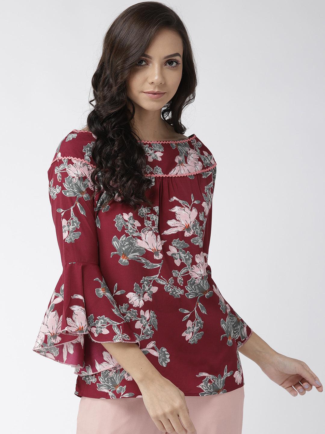Women Burgundy & Olive Green Floral Print Top-Tops-StyleQuotient