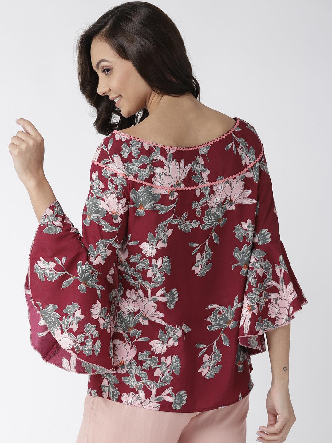 Women Burgundy & Olive Green Floral Print Top-Tops-StyleQuotient