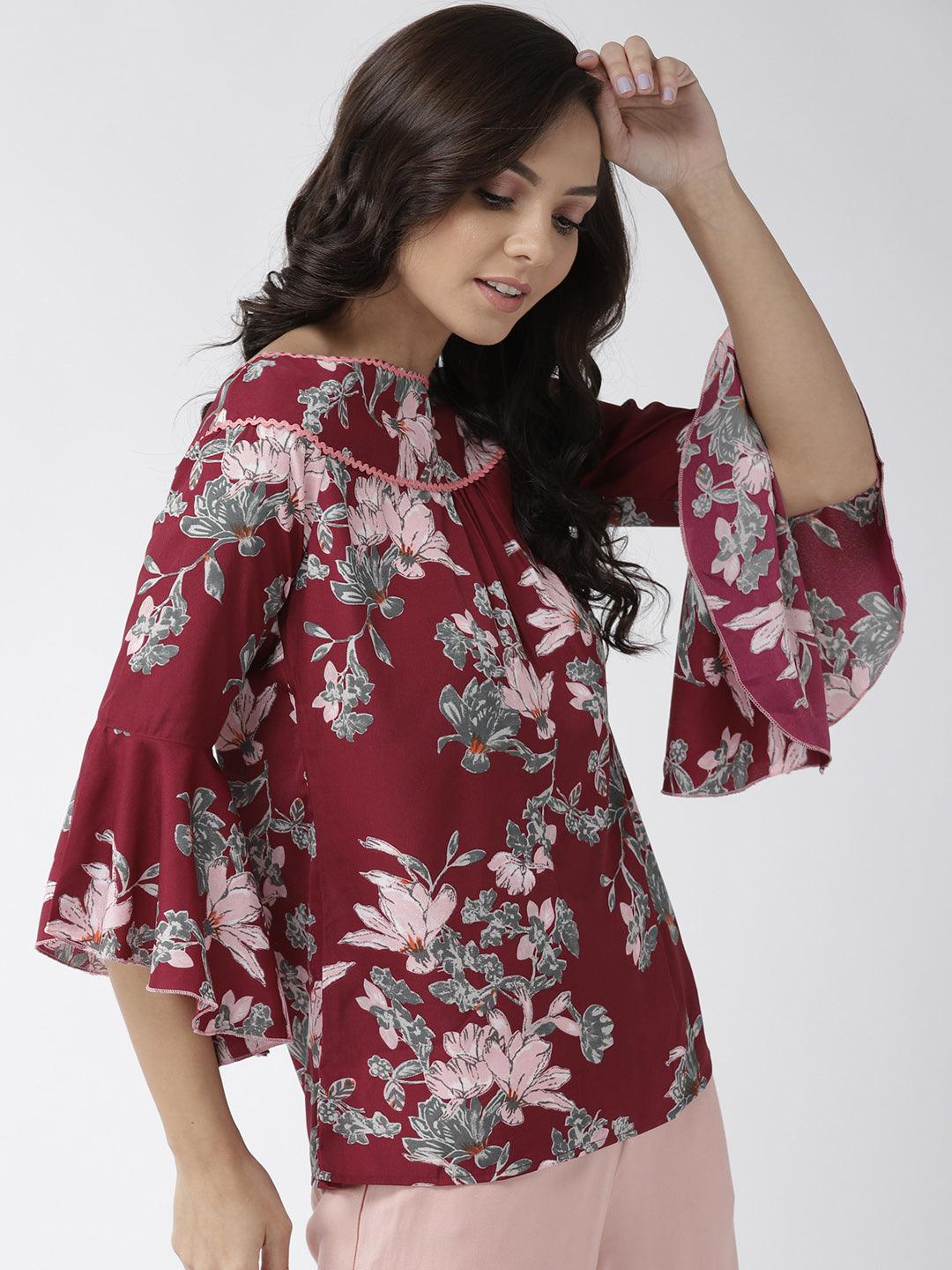Women Burgundy & Olive Green Floral Print Top-Tops-StyleQuotient