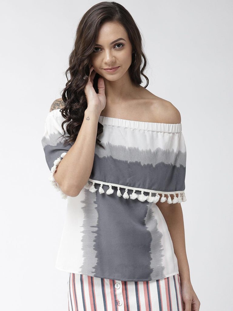 Women Off-White & Grey Colourblocked Layered Bardot Top-Tops-StyleQuotient