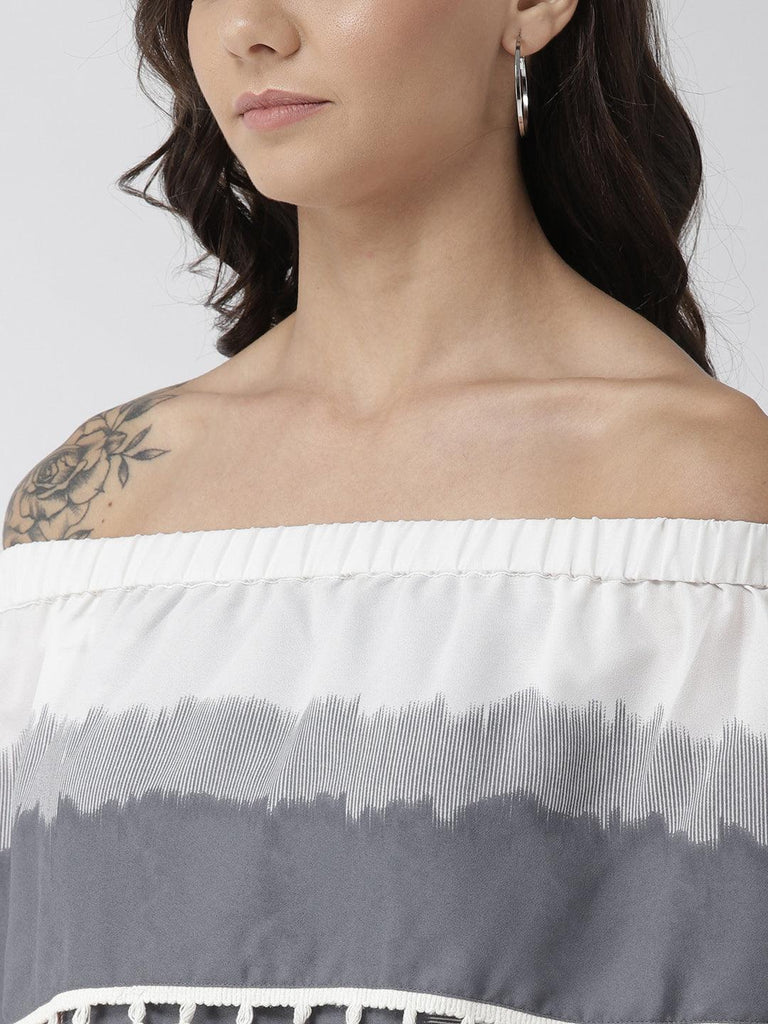 Women Off-White & Grey Colourblocked Layered Bardot Top-Tops-StyleQuotient