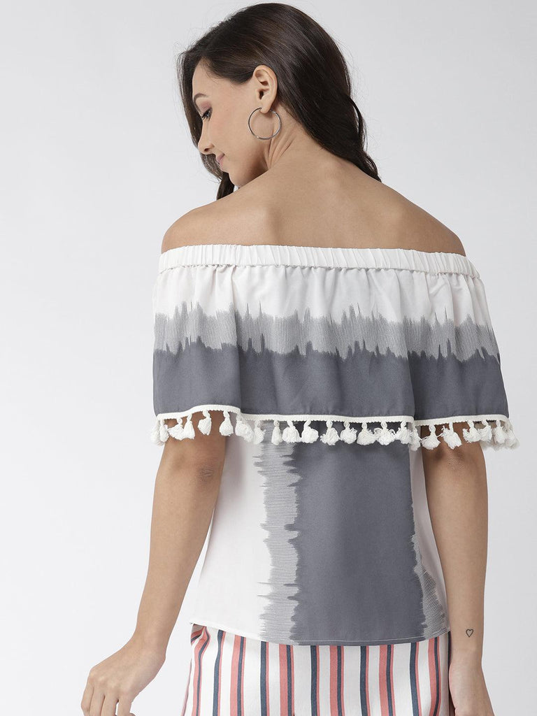 Women Off-White & Grey Colourblocked Layered Bardot Top-Tops-StyleQuotient