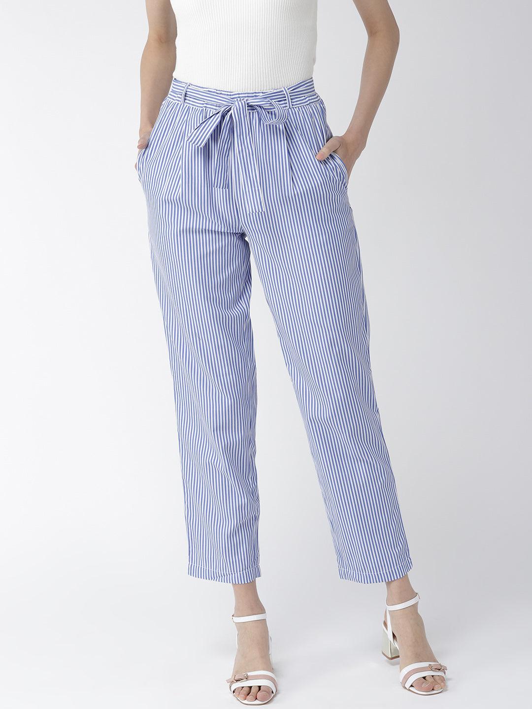 Women Blue & White Original Tapered Fit Striped Cropped Trousers-Trousers-StyleQuotient