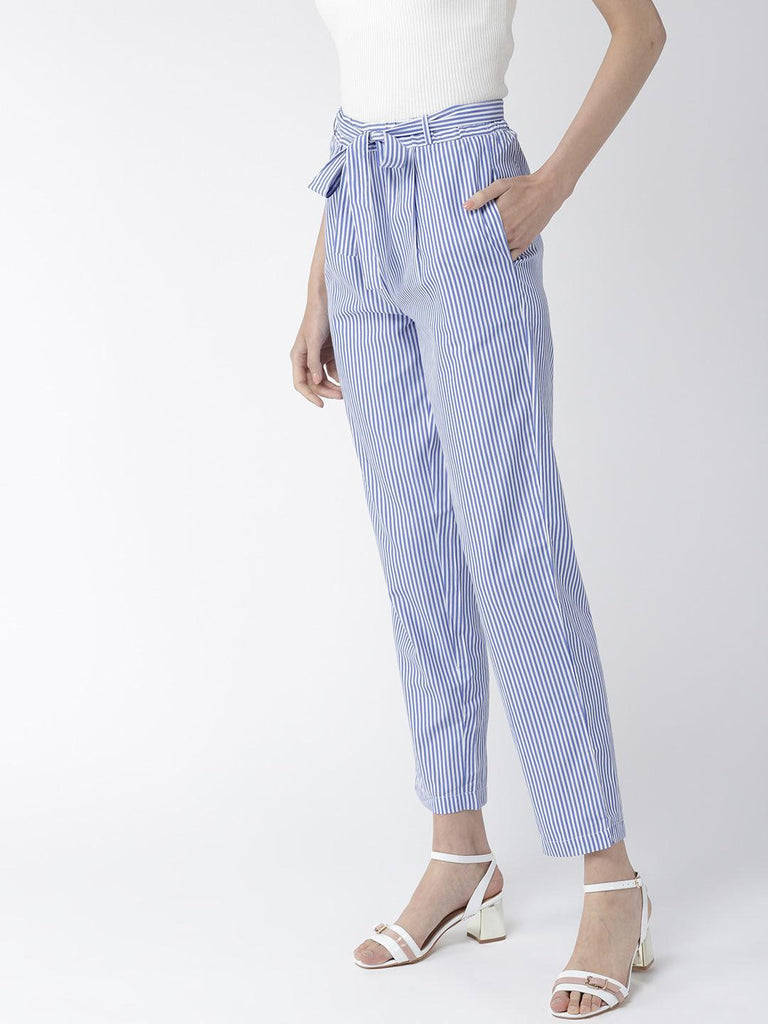 Women Blue & White Original Tapered Fit Striped Cropped Trousers-Trousers-StyleQuotient