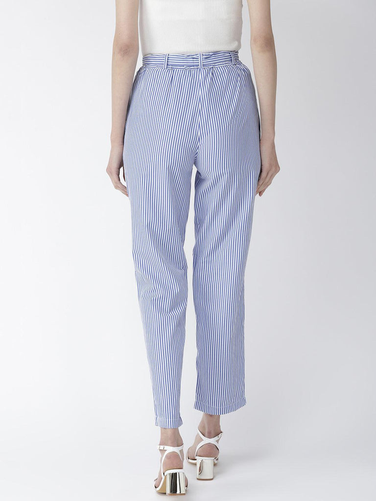 Women Blue & White Original Tapered Fit Striped Cropped Trousers-Trousers-StyleQuotient