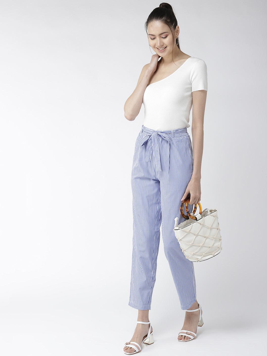 Women Blue & White Original Tapered Fit Striped Cropped Trousers-Trousers-StyleQuotient