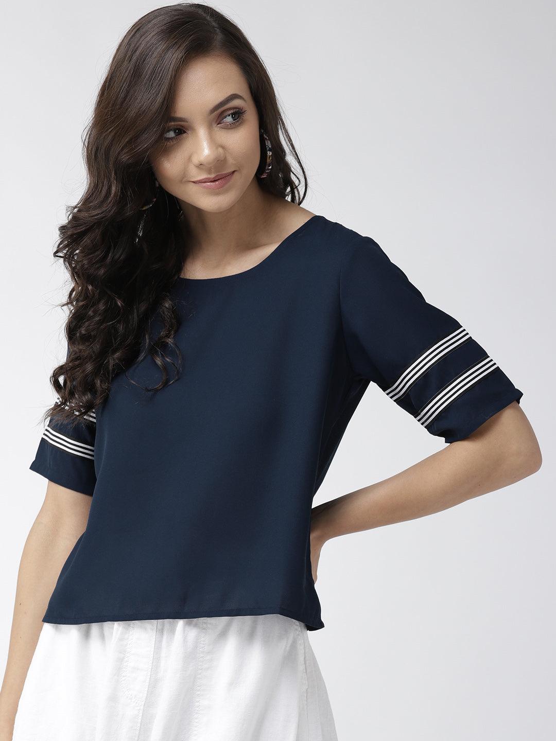 Women Navy Blue Solid Top-Tops-StyleQuotient