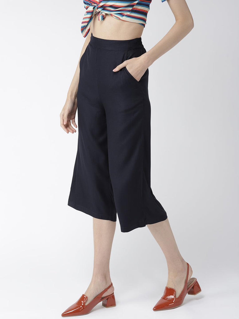 Women Navy Blue Original Loose Fit Solid Culottes-Trousers-StyleQuotient